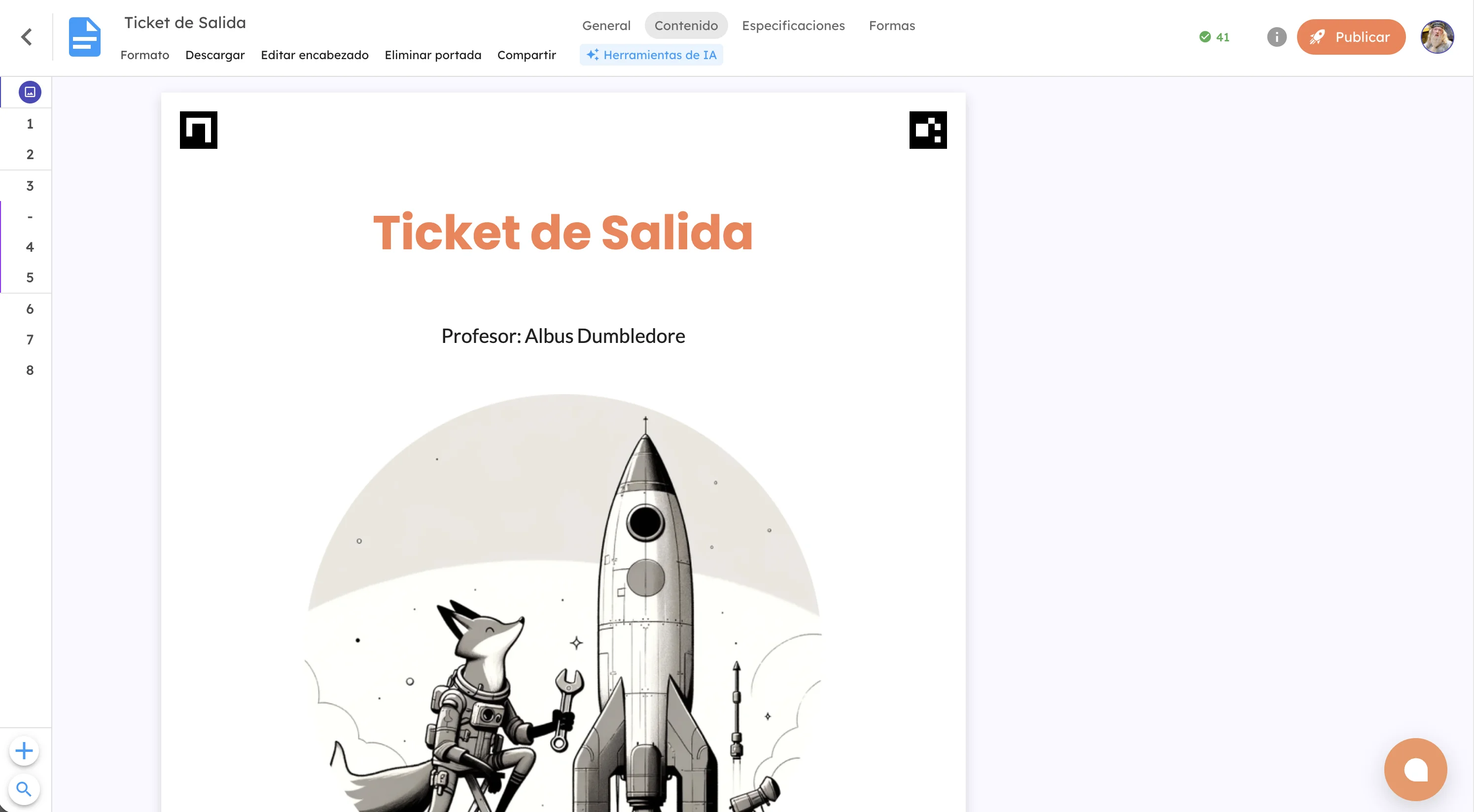 Portada de un cuestionario en la vista de edición