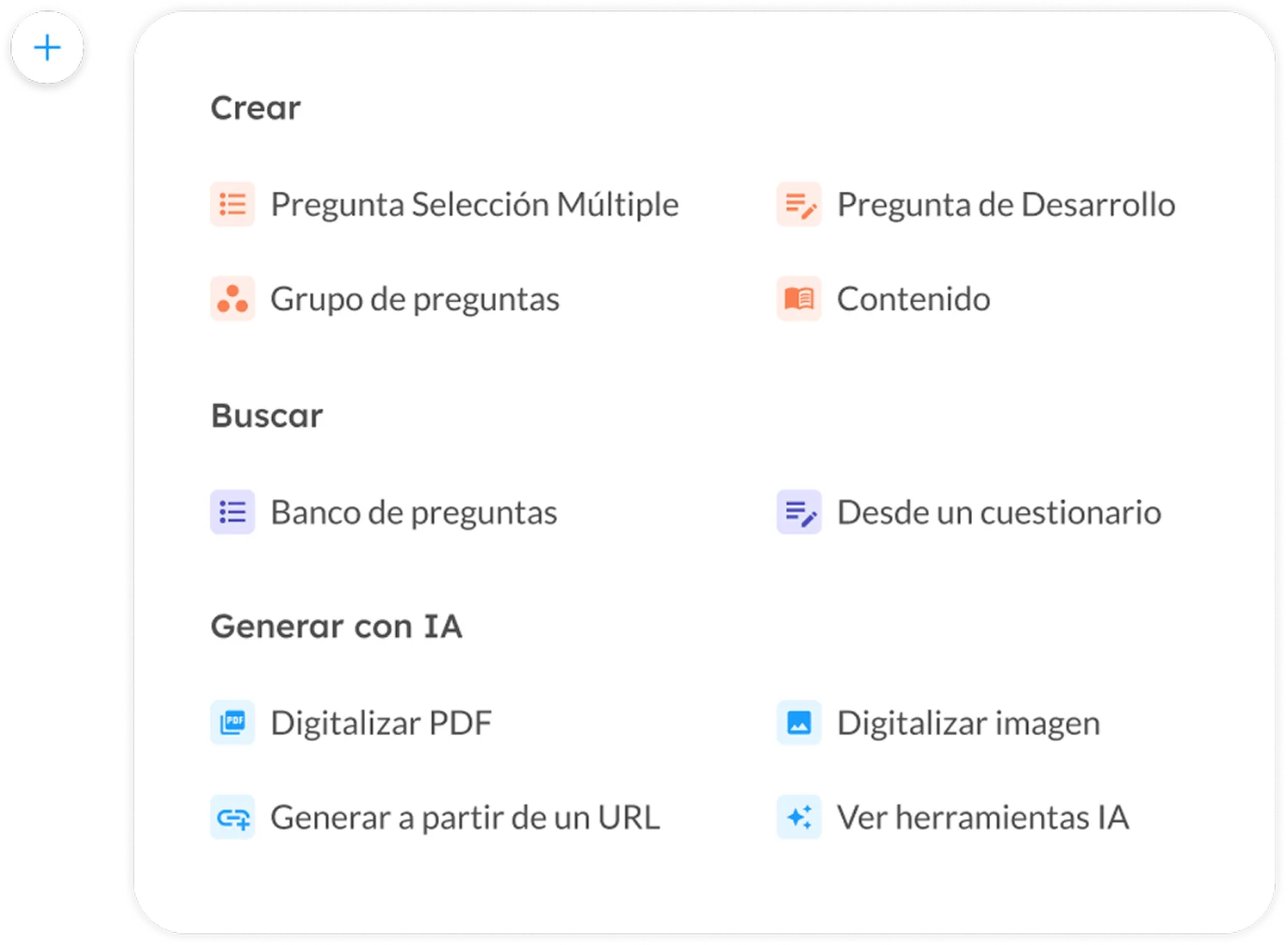 Menú para agregar una pregunta: opciones de Crear, Buscar y Generar con IA